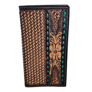 Western Floral Tooled Basketweave Leather Rodeo Wallet Green Rawhide Buck Stitch